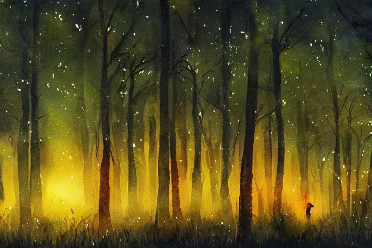 Prompt: firefly forest at night, high quality watercolors, award winning, trending on artstation