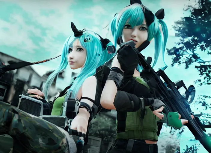 Image similar to hatsune miku cosplayer smoking a bong in call of duty black ops 2, call of duty screenshot, ps3 game,