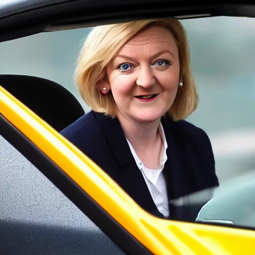 Image similar to liz truss sat in a car looking at a no u turn sign