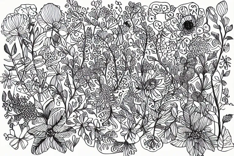 Prompt: floral and plants doodle art, intricate pen and ink drawing