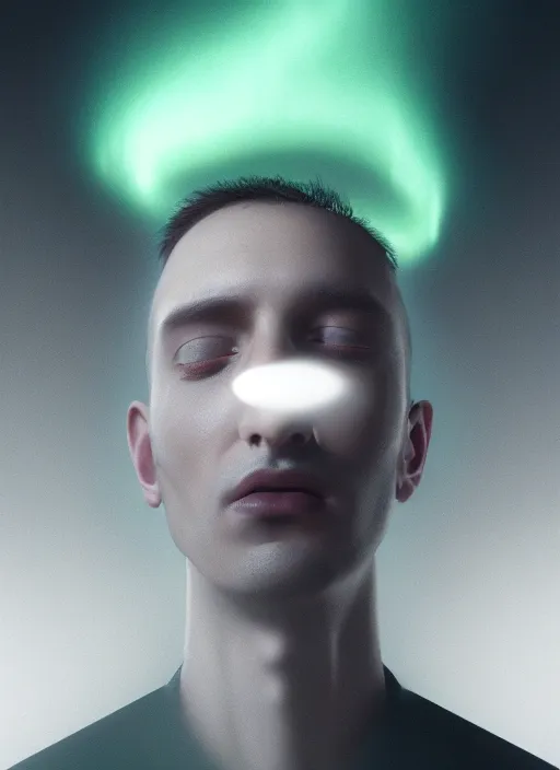 Image similar to an ethereal, misty portrait of a man whose face is accented with neon - toned glowing eyeliner. the makeup floats off his face and joins swirling clouds of smoke and fog, becoming an aurora. muted tones. surreal portrait, cinematic lighting, 8 k, smooth, sharp focus, digital painting, rendered in octane, painted by tom bagshaw, artgerm