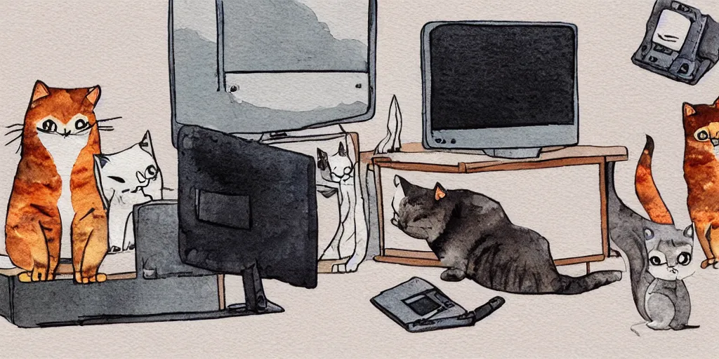 Image similar to watercolor illustration style, cute cats watch the news in computer monitor