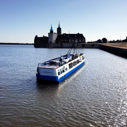 Image similar to a blue white black ferry at the sea outside kronborg castle