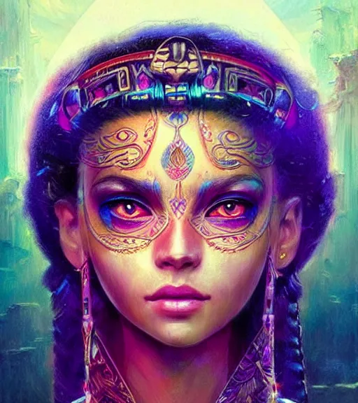 Image similar to beautiful intricate exquisite mayan princess realistic face, beautiful eyes, neon colors, drawing, in the style of greg rutkowski, fantasy, amazing detail, epic, intricate, elegant, smooth, sharp focus