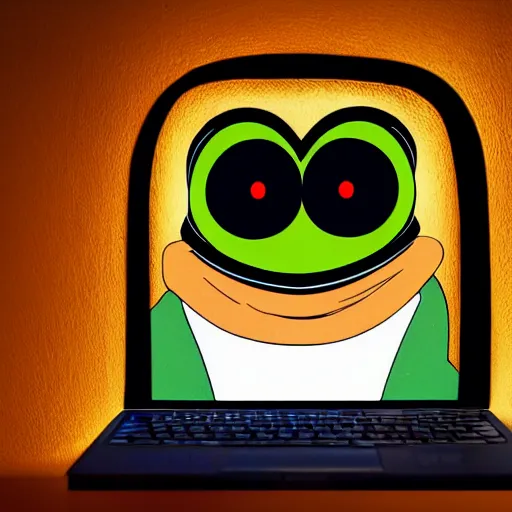 Image similar to closeup potrait of pepe frog behind a laptop in a dark room, screen light, sharp, detailed face, magazine, press, photo, Steve McCurry, David Lazar, Canon, Nikon, focus