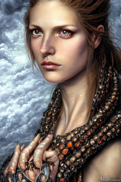 Image similar to high quality extremely detailed closeup portrait of a young attractive female necromancer looking away from the camera, realistic eyes, sparkle in eyes, no hands visible, fantasy, d & d, intricate, painting by lucian freud and mark brooks, hd