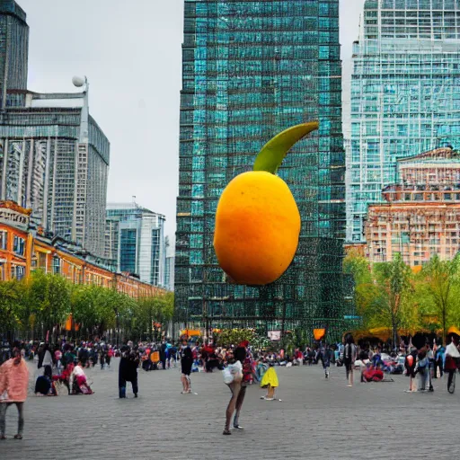 Prompt: photo of giant mango on red square, super wide shot, bokeh