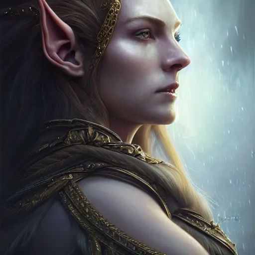 Image similar to Majestic and regal portrait of a riveting and awe inspirin female High Elf nobility, intricate, epic, elegant, menacing, fantasy, photo realistic, digital painting, hard focus, beautiful volumetric lighting, epic light, ultra detailed, by Leesha Hannigan, Ross Tran, Thierry Doizon, Kai Carpenter, Ignacio Fernández Ríos