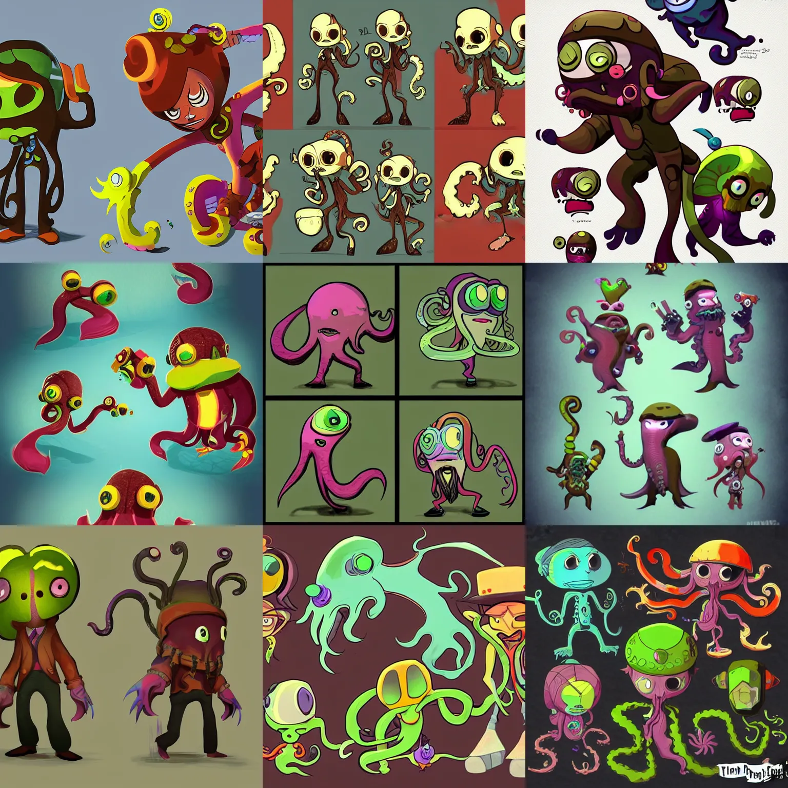 Prompt: kraken based character designs for the newest psychonauts video game made by double fine done by tim shafer and the lead artist that works on Splatoon by Nintendo with help from the artist for the band gorrilaz