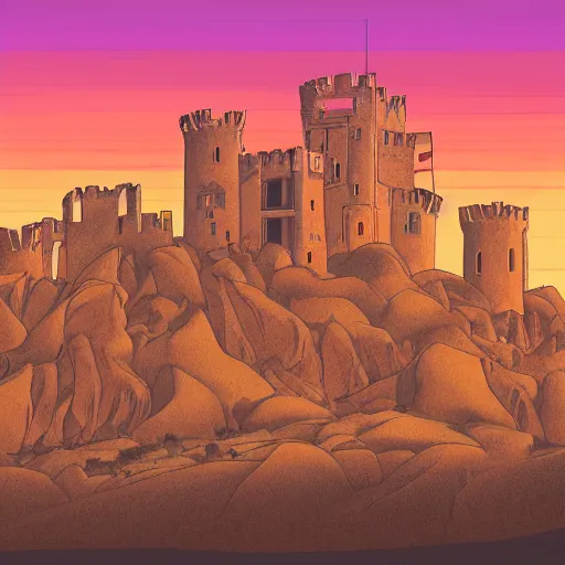 Prompt: an elaborate old ramshackle castle built on top of a desert mesa at sunset, orange and purple coloring, digital art