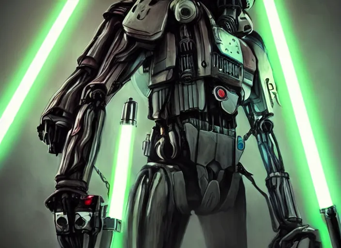 Image similar to portrait photo of general grievous with arms holding a lightsaber in each hand. cyberpunk horror style.