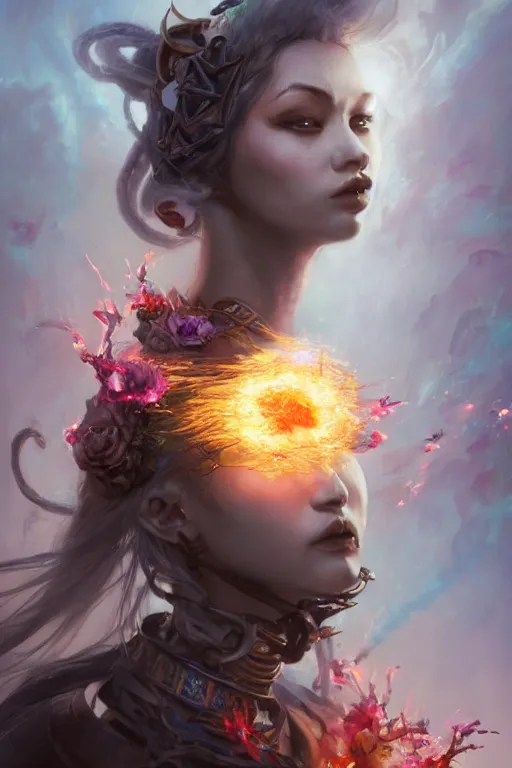 Image similar to half body closeup of beautiful girl necromancer, witch - doctor exploding into flowers, angels, 3 d render, hyper - realistic detailed portrait, holding fire and electricity, ruan jia, wlop. scifi, fantasy, magic the gathering, hyper detailed, octane render, concept art, peter mohrbacher