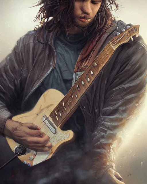 Image similar to chris tt playing guitar, hyper realistic face, fantasy art, in the style of greg rutkowski, intricate, hyper detailed