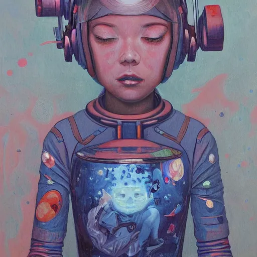 Image similar to james jean oil painting of a girl lost in space