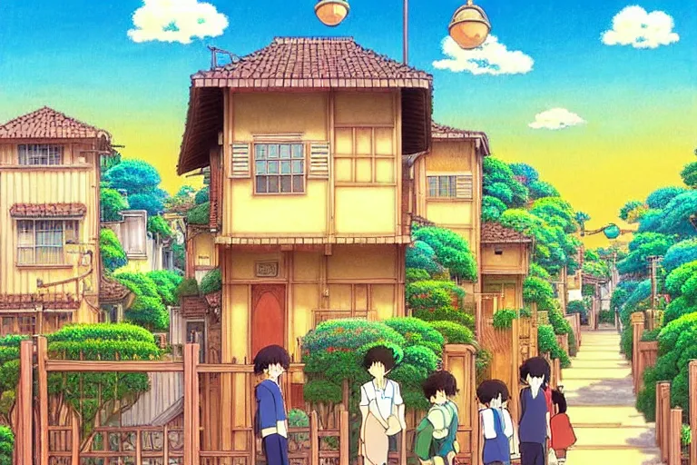 Image similar to an elaborate painting of a peaceful neighborhood, detailed, by studio ghibli!!!!!!!!!!! beautiful golden hour, anime, masterpiece