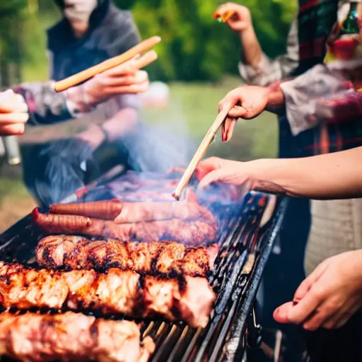 Prompt: a babushka grilling meat on a barbeque, people are dancing and having fun with beers in their hands