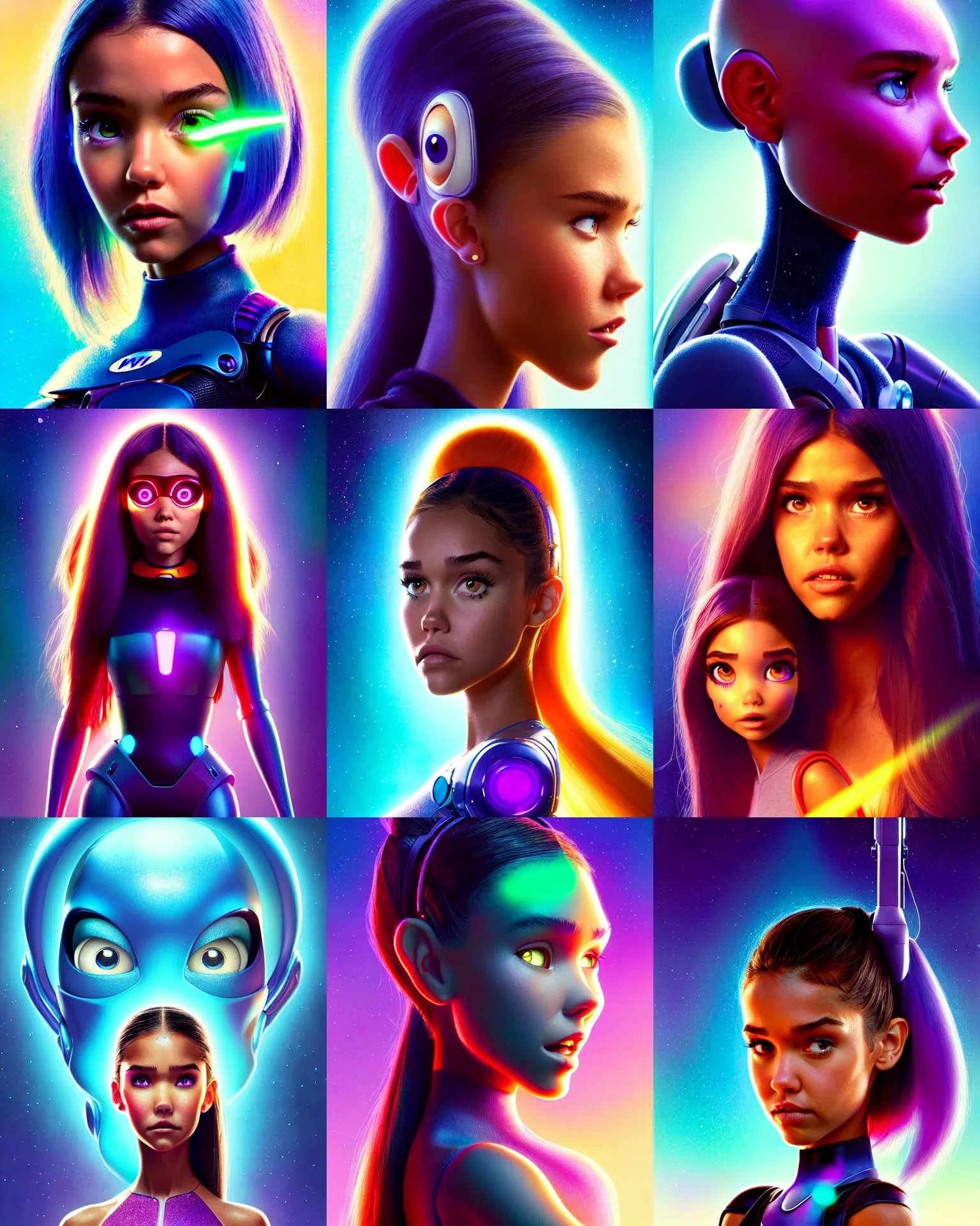 Prompt: disney pixar scifi movie poster portrait photo of madison beer, jessica alba : : as alien raver cyborg college woman by pixar : : by weta, wlop, ilya kuvshinov, artgerm, greg rutkowski, intricate jewelry, artstation, unreal engine, racy, pearlescent, wet, morning, : :