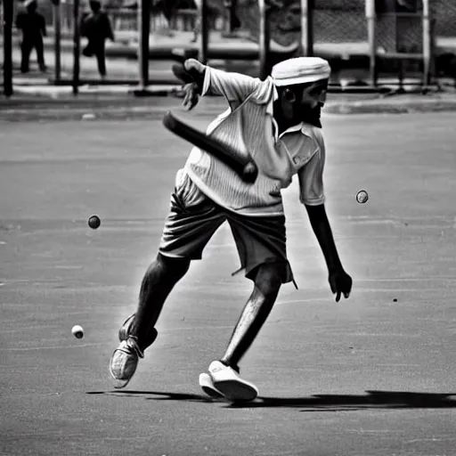 Image similar to a man playing street cricket with friends in indian, with the wickets visible, extremely detailed, high human appeal, real life image, national geographic award winning image, taken from dslr