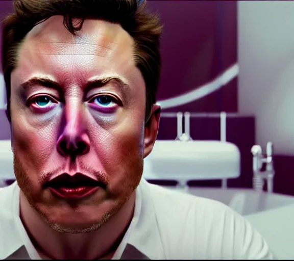 Image similar to hyperrealism aesthetic ridley scott and denis villeneuve style photography of a detailed giant elon musk, siting on a detailed ultra huge toilet and scrolling his smartphone in hyperrealism scene from detailed art house movie in style of alejandro jodorowsky and wes anderson