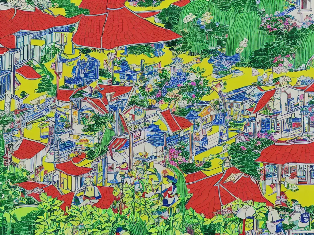 Image similar to close - up image of a house with a garden, a pond in the garden, startroopers are sitting around it, a combination of pop art and traditional japanese painting styles, the style of andy warhol, roy lichtenstein and jackie tsai, bright palette, acrylic on canvas