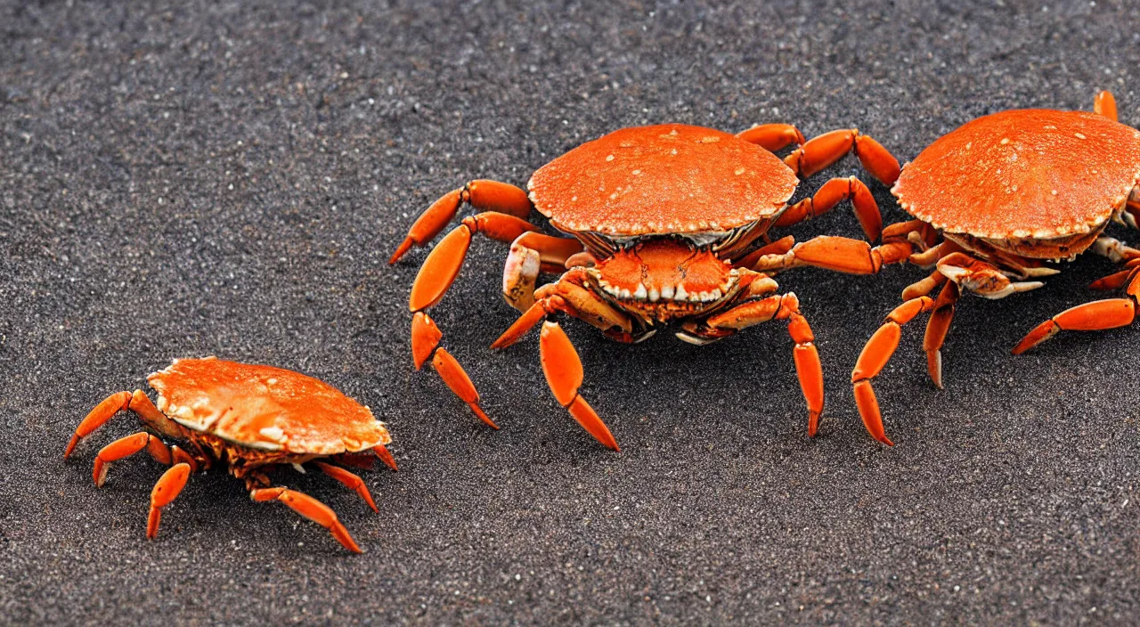 Image similar to a realistic image of a crab with a pancake on it's head, ultra high detail, the crab is on sand on a beach with ocean in the background, 8 k.