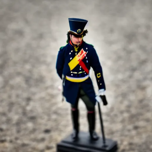 Image similar to macro photo of emmanuel macron dressed as napoleon, tilt shift, photography, telephoto lens, canon, nikon, focus