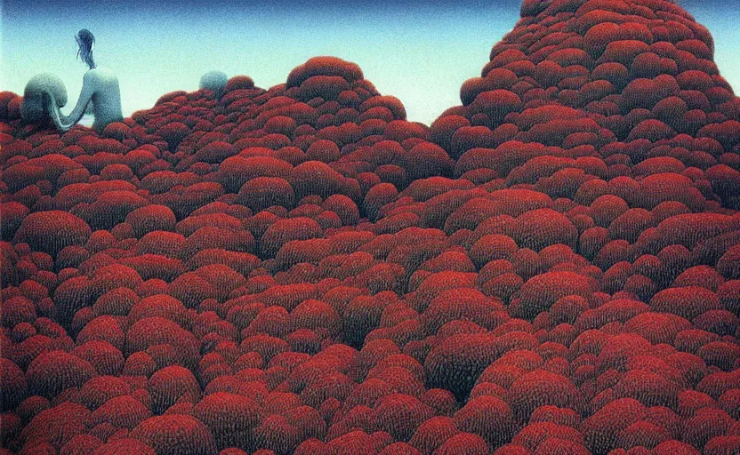 Prompt: Artwork of a surrealist and luscious landscape by zdzisław beksiński, studio ghibli,