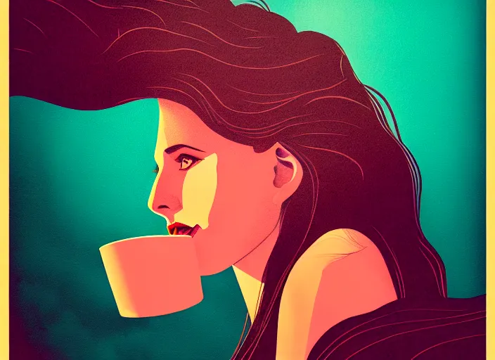 Image similar to portrait of a long haired heroine drinking coffee,vivid, Mads Berg, Karolis Strautniekas, dramatic lighting,film grain, editorial illustration, detailed, gradation, dynamic composition,moody, cinematic,extreme perspective,bright colors, art deco illustration, stippled shading, risograph