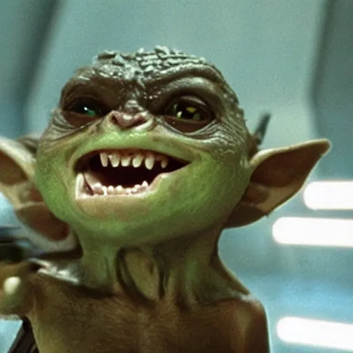 Image similar to a film still of gremlin grinning evily with a scar on its face in star wars realistic, detailed