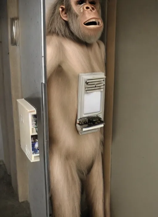 Image similar to uncanny hybrid human - ape, half human half ape inside fuse box in post communist apartment building