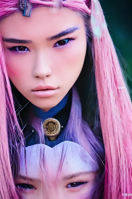 Prompt: highly detailed beautiful photo of madison beer as a young female samurai, practising sword stances, symmetrical face, beautiful eyes, pink hair, realistic anime art style, 8 k, award winning photo, pastels colours, action photography, 1 / 1 2 5 shutter speed, sunrise lighting