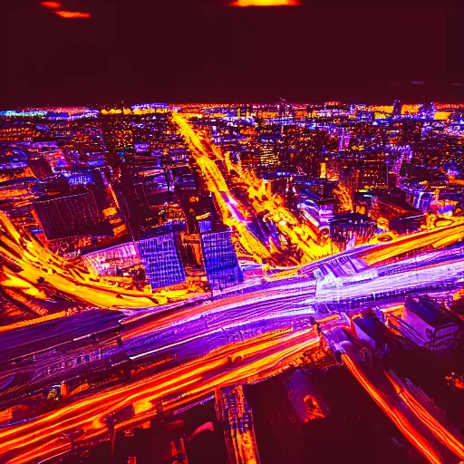 Prompt: neon city at night, tilt shift