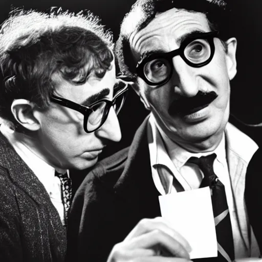 Prompt: black and white photo of Woody Allen and Groucho Marx playing cards, photorealistic