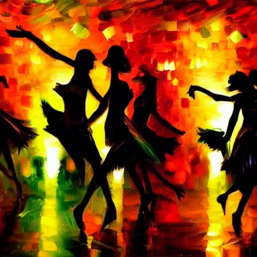 Image similar to dark dancing silhuettes in a dance club, colorful lights, dramatic lighting, a lot of energy, oil painting, hyperrealistic, very detailed, high quality