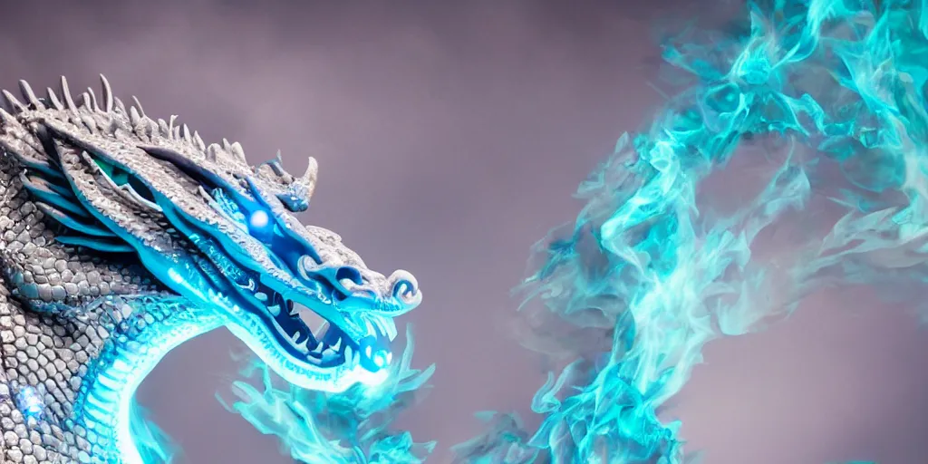 Prompt: a close-up photo of a diamond-scaled dragon breathing bluish fire, award-winning photography, dramatic lights, 8K UHD