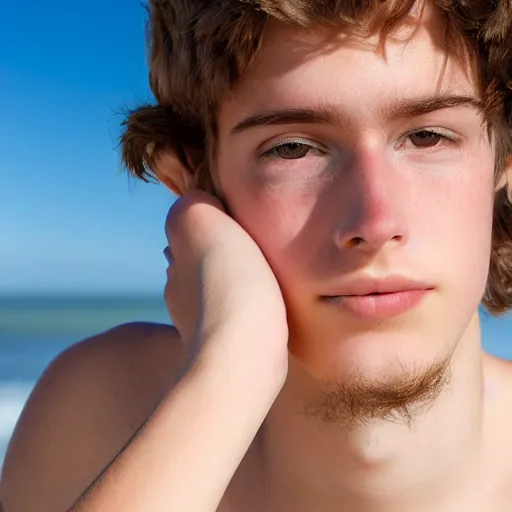 Image similar to portrait of a beautiful teenage boy around 2 0 yo. natural brown hair, pale skin. beach background. detailed face.