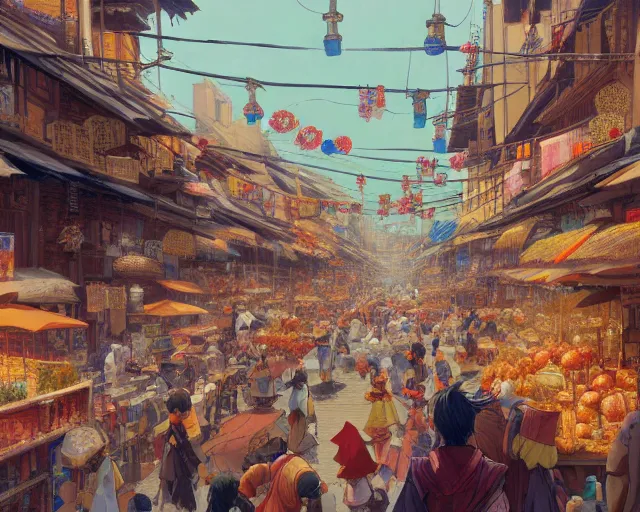 Image similar to street-level view of a bustling marketplace in a great, colorful kitsune city, bamboo, flowers, anime, fox people, a fantasy digital painting by Greg Rutkowski and James Gurney, trending on Artstation, highly detailed