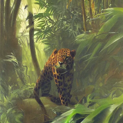 Image similar to intense jaguar in a dark misty jungle, by John Singer Sargent