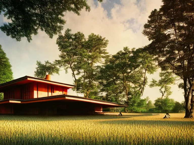 Image similar to hyperrealism design by frank lloyd wright and kenzo tange photography of beautiful detailed small house around the forest in small ukrainian village depicted by taras shevchenko and wes anderson and caravaggio, wheat field behind the house, volumetric natural light