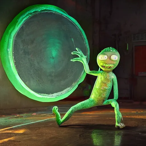 Image similar to full body pose, hyperrealistic photograph of pickle rick, dim volumetric lighting, 8 k, octane beautifully detailed render, extremely hyper detailed, intricate, epic composition, cinematic lighting, masterpiece, trending on artstation, very very detailed, stunning, hdr, smooth, sharp focus, high resolution, award, winning photo, dslr, 5 0 mm