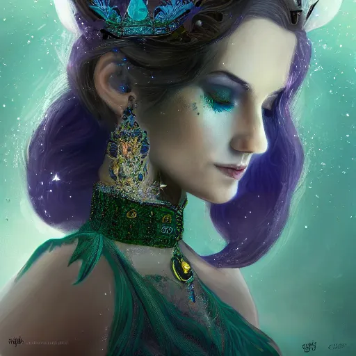 Image similar to detailed portrait of a fairy queen with wings wearing a silk robe, crown, pixie, iris, realism, emerald, galaxy, sapphire, blonde hair going down to touch the floor, moonlit, wearing a bejeweled mask, dark fantasy, dramatic lighting, cgsociety, artstation