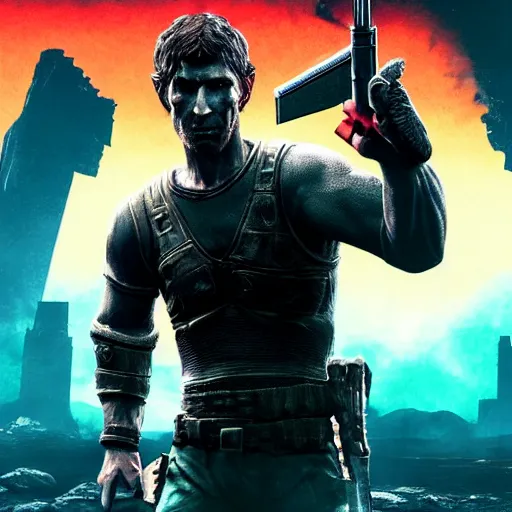 Image similar to todd howard pointing a gun towards the camera and forcing you to buy skyrim, threatening, sharp, cinematic, colorful, digital, neon, bright, cyberpunk, blade runner 2 0 4 9, realism, bold