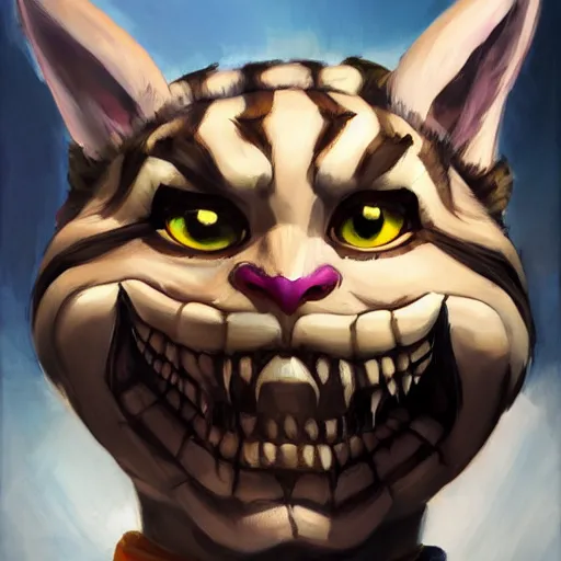 Image similar to greg manchess portrait painting of partially armored cheshire cat from alice in wonderland as overwatch character, medium shot, asymmetrical, profile picture, organic painting, sunny day, matte painting, bold shapes, hard edges, street art, trending on artstation, by huang guangjian, gil elvgren, ruan jia, randy vargas, greg rutkowski