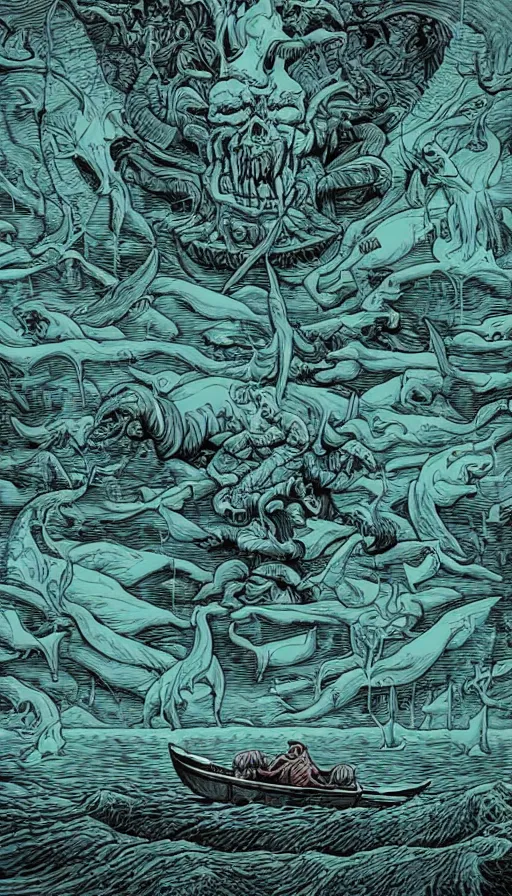 Image similar to man on boat crossing a body of water in hell with creatures in the water, sea of souls, by dan mumford,