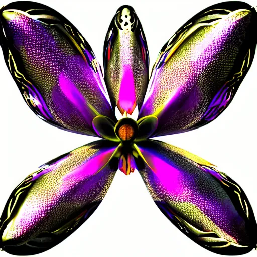 Image similar to metal orchid flower, futuristic, shiny, high detail, glitch art