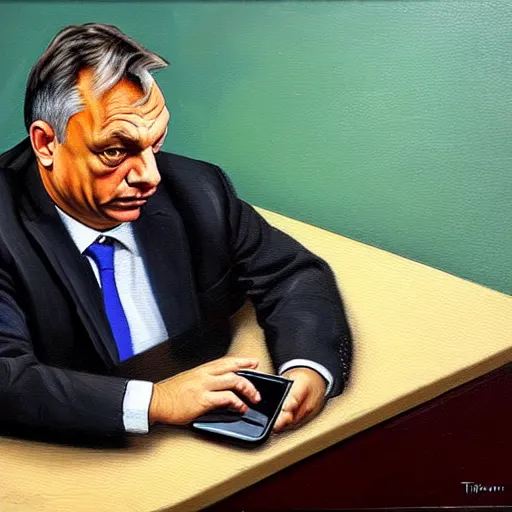 Image similar to viktor orban tiktok on his phone in a cubicle, oil painting