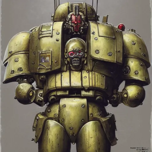 Image similar to warhammer 4 0, 0 0 0 4 0 k emperor armor realistic anthropomorphic dreadnaught scifi cyberpunk, colonial marine, gundam armor, visible face and full body portrait art by donato giancola and greg rutkowski, vintage retro scifi, realistic face, digital art, trending on artstation, symmetry syd mead, vincent di fate, michael whelan, john berkey