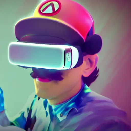 Image similar to Mario wearing a VR headset with a vaporwave background, octane render, 3D, coherent like Dall-E 2