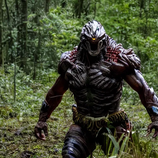 Prompt: Predator from the movie Predator in the forest plains of north yorkshire, 4k, Predator Movie, dragon inspired armor