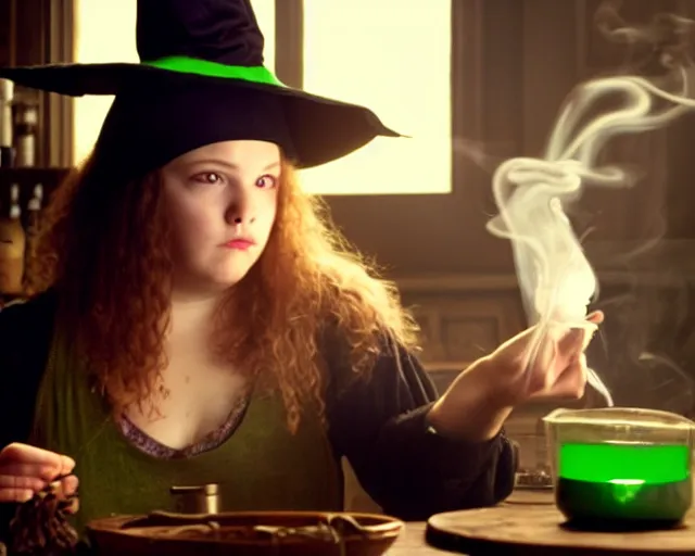 Image similar to close up portrait, dramatic lighting, concentration, calm confident teen witch and her cat mixing a spell in a cauldron, a little smoke fills the air, a witch hat, a little green smoke is coming out of the cauldron, ingredients on the table, apothecary shelves in the background, still from nickelodeon show